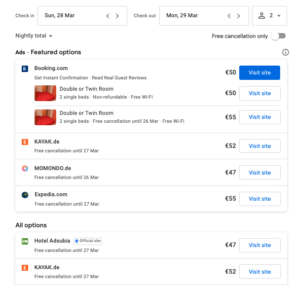 google hotel ads como se ven enlaces gratuitos Mirai