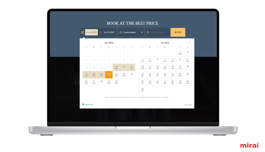 Calendari preus Mirai integrats web hotel